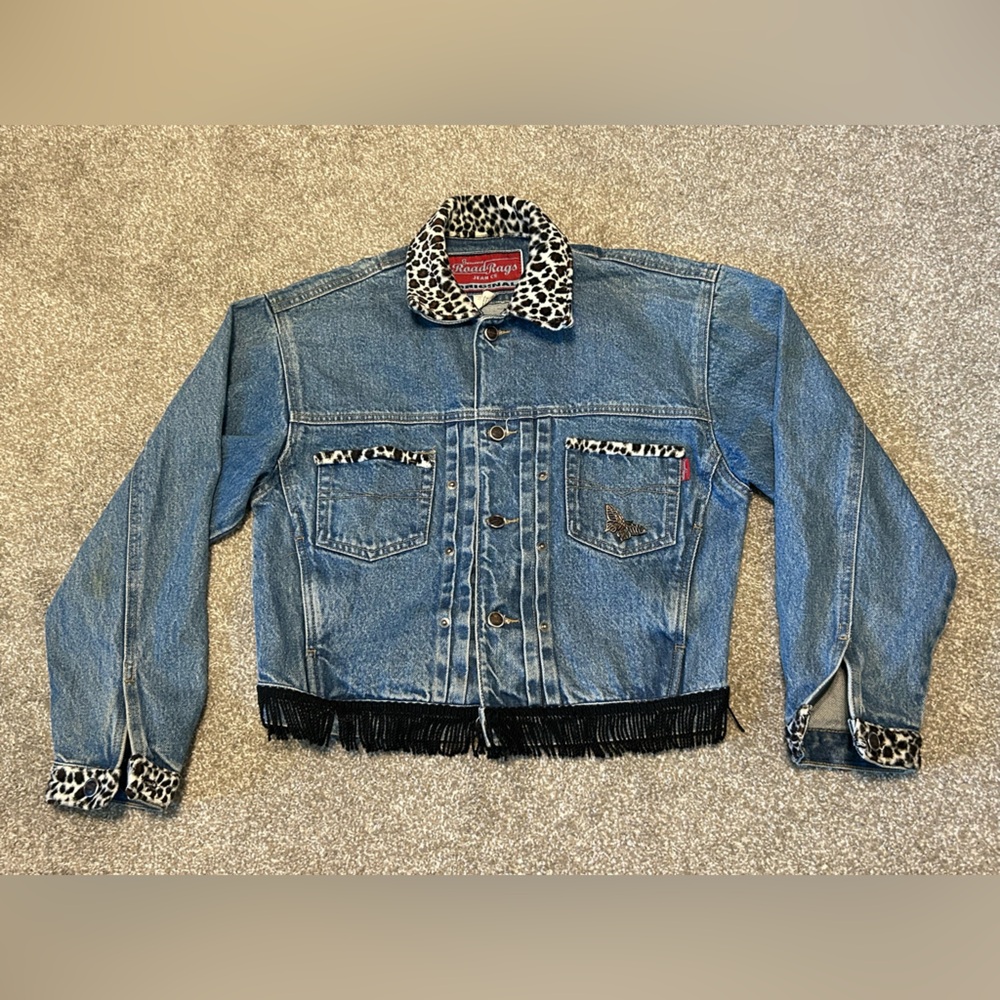 VTG Genuine ROAD RAGS Leopard Trim Blue Jean Denim Jacket Tassels Women's Sz M